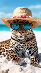 leopard in sunglasses and hat on the beach near the sea, looking at the camera. summer vacation by the sea