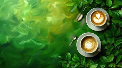 two cups of coffee sitting on top of a table next to a spoon and a spoon rest on a leafy green surface.
