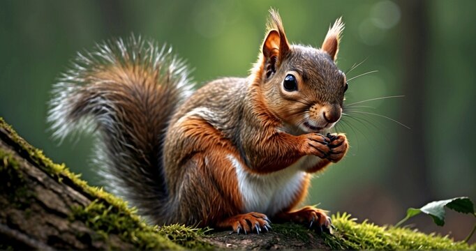 Craft an ultra-realistic close-up image of a cute squirrel, focusing on the details of its fur, whiskers, and bright eyes. Capture the charming expressions and natural textures to bring -AI Generative