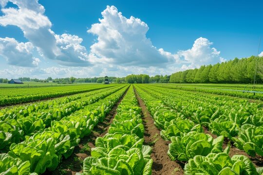 A large field of lettuce planted in beautiful rows and a blue sky