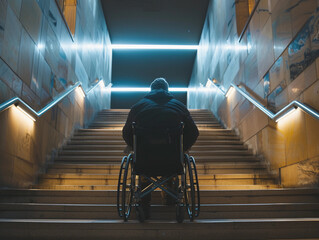 Raising awareness for architectural barriers - man in wheelchair stopped at staircase, disability and accessibility issues 