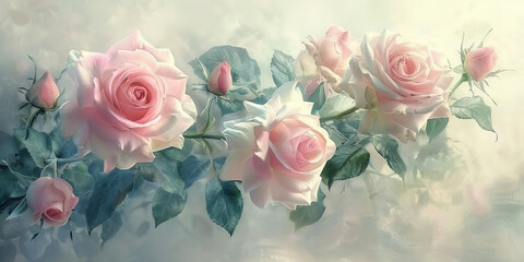 Beautiful Pink Roses with Green Leaves and Water Droplets on White Background for Backgrounds and Design Elements