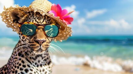 Fototapeta premium leopard in sunglasses and hat on the beach near the sea, looking at the camera. summer vacation by the sea with copy space