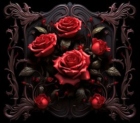 Hybrid tea roses in a black frame with red petals on dark background