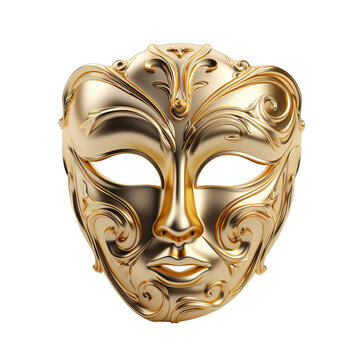 Vivid depiction of a golden opera mask with a single striking eye, isolated on a pristine white  background 