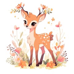 cute cartoon deer is standing in a field of flowers. The deer has antlers and is surrounded by a variety of flowers