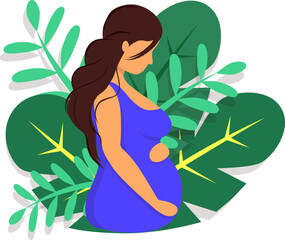 A pregnant woman holds her stomach. Decorated with beautiful leaves. Decorated with beautiful leaves. Vector illustration.