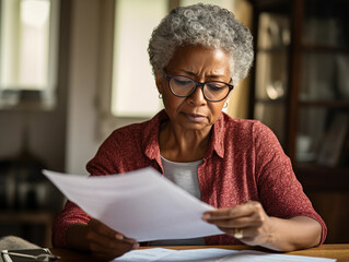 Senior african american woman reading a paper, representing bills and paperwork, worried look on her face, cost of living and budget concept hd 