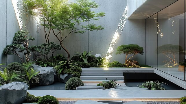 A modern minimalist concrete residential atrium with graceful plants. Generative AI.