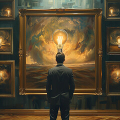 Visionary holding a light bulb in a modern art gallery the creativity of the surroundings...