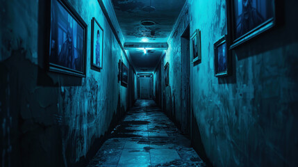 scary old building corridor with dimly lit blue lighting, dirty walls and photo hanged on the wall, enhancing anxiety and horror feels