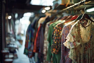 Vintage clothes hanger in a cozy second-hand store. Various models and styles of clothing are presented. Secondary consumerism.