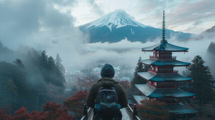 a man tourist in backpack standing After successfully conquering the peak , on top of a Japanese...