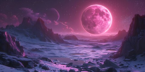 Avibrantpinkmoonilluminatesasurrealpurplelandscapeonanalienworld. Concept Alien landscape, Pink moon, Purple sky, Vibrant colors, Surreal atmosphere