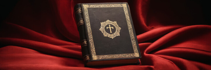 bible, holy book on a red linen cloth
