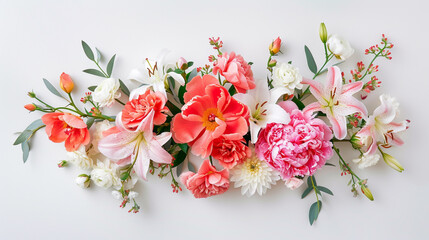 Obraz na płótnie Canvas A breathtaking arrangement of peonies, lilies, and carnations creating a symphony of color against a clean white background, perfect for sending seasonal greetings. Top view