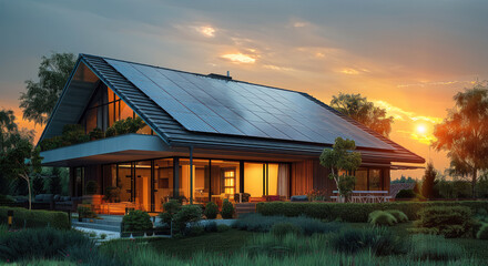 A house with solar panels at sundown. Generative AI.