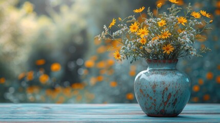 a vase filled with yellow flowers sitting on top of a wooden table in front of a forest of orange flowers.