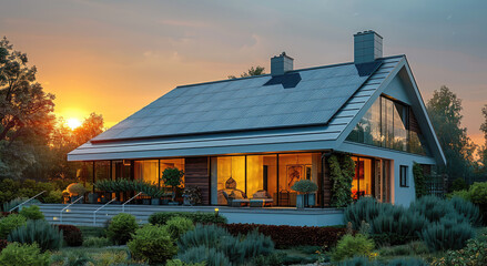 A house with solar panels at sundown. Generative AI.