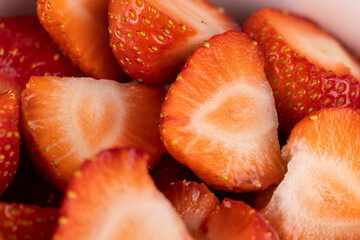 homemade strawberries washed and sliced, close up