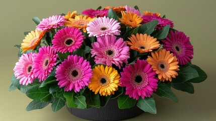 a close up of a bunch of flowers in a vase with leaves on the side of the vase and on the side of the vase is a green background.
