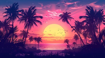 Fototapeta na wymiar Background with sunset sky and palm trees
