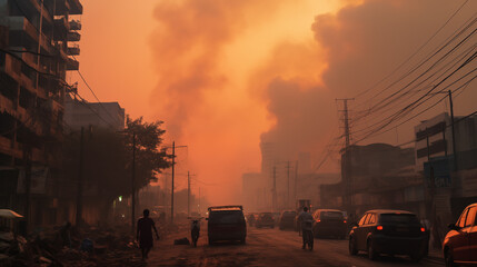 Cityscape with Smoke, PM 2.5 Air Pollution Concept.