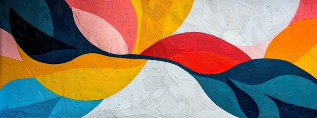 Modern abstract mural with a dynamic array of leaf-like shapes in a bold color palette on a textured white background.