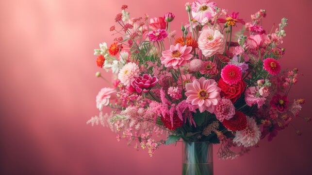 a bouquet of pink and red flowers in a green vase on a pink background with a pink wall in the background.