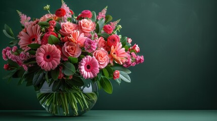 a vase filled with pink and red flowers on top of a green counter top next to a dark green wall.