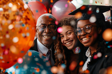 Outdoors shot of students and parents celebrating graduation Day.  Graduation Party with Balloons and Confetti. Concept of study achievement and education. 