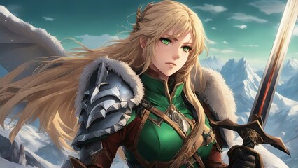 anime    _ A fierce anime girl with long blonde hair and green eyes, wearing a leather armor  