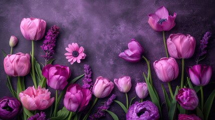 a group of pink and purple flowers on a purple and purple background with green stems and purple flowers on the right side of the frame.
