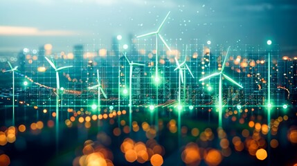Obraz premium Stock market graphs and economic data visualized with icons of solar panels and wind turbines, uprising green stock market graph, green symbols, positive, positivity. Generative AI.