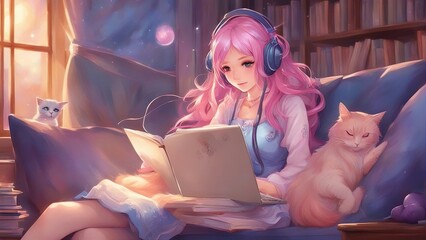 cartoon person with laptop anime        A cute anime girl with pink hair and purple eyes, wearing headphones and a blue dress. 