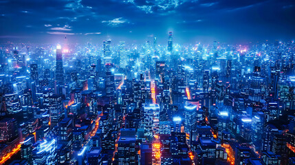 City Skyline at Night, Modern Skyscrapers Illuminated, Urban Architecture and Travel View