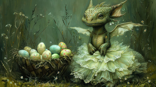 a painting of a baby dragon in a dress next to a basket of eggs with a dragon on top of it.