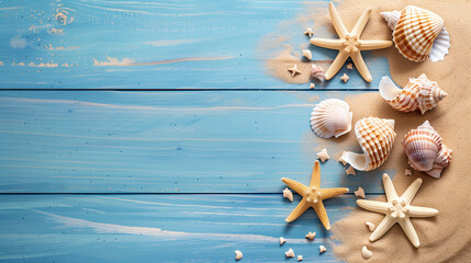 Serene seaside vibes radiating from a tranquil arrangement of seashells and starfish on a sandy textured blue board