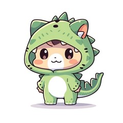 Obraz premium Illustration of a smiling cat cartoon character in green dinosaur costume