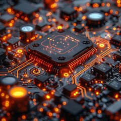 Fototapeta na wymiar A close up of a computer chip with orange lights