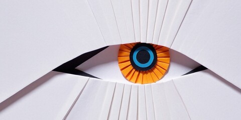 Colorful paper eye made of recycled paper on a beige background.