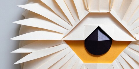 Paper origami with a black and yellow eye on a white background.