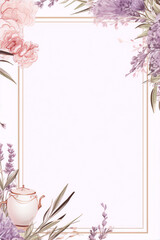 Watercolor, flowers, teapot,lavender, pink roses, frame, soft, pastel, purple, lilac, elegant, luxury, feminine,empty page template frame