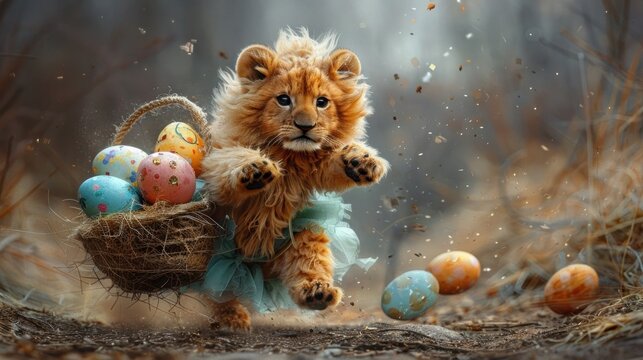 a painting of a lion cub holding a basket of painted eggs in a wooded area with grass and trees in the background.