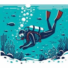 青い海を潜水するダイバーのイラスト