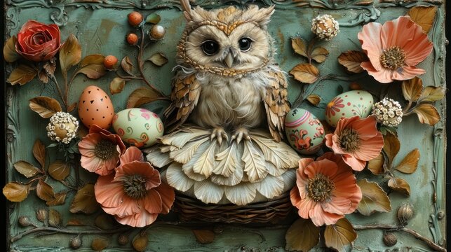 a painting of an owl sitting on top of a basket of eggs with flowers and eggs on the bottom of it.