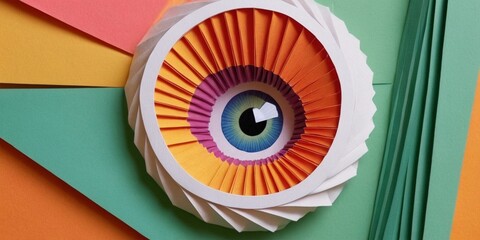 Eye made of paper. Colorful paper background. Top view.