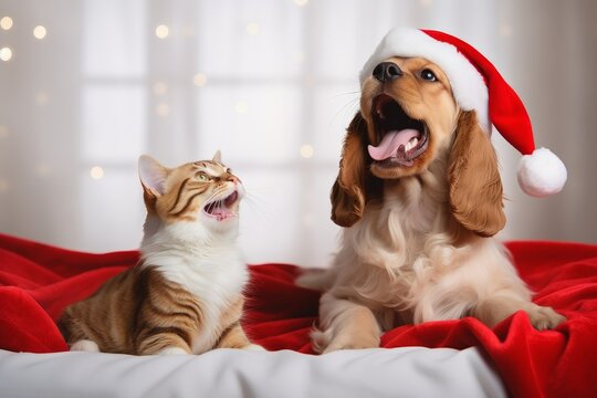 Cocker Spaniel wearing a Santa Hat laying with a Kitten for a Christmas Photo
