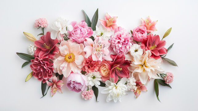 A breathtaking arrangement of peonies, lilies, and carnations creating a symphony of color against a clean white background, perfect for sending seasonal greetings. Top view