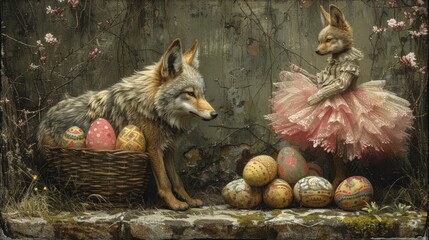 a painting of a fox and a little girl in a pink dress with painted eggs in front of a wooden fence. - obrazy, fototapety, plakaty